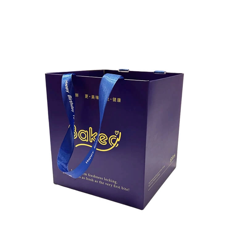 Blue printed paper bag with stain insert handle