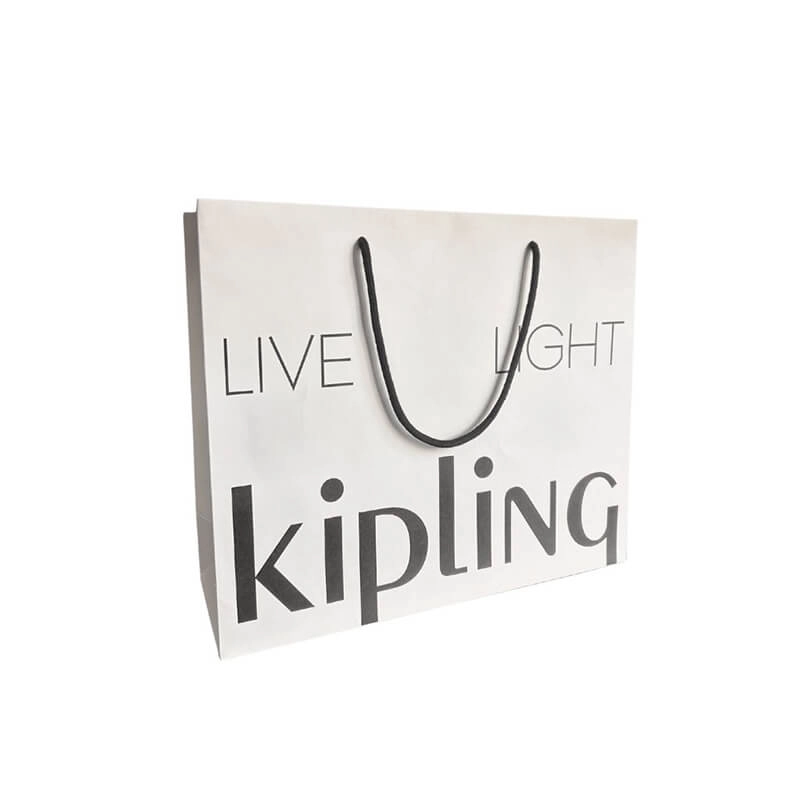 Natural White kraft paper shopping bag with black handles, printed with "kipling" logo