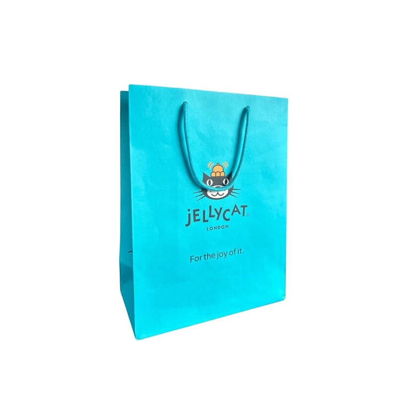 Turquoise blue Jellycat branded kraft paper bag with black handles and cartoon cat logo